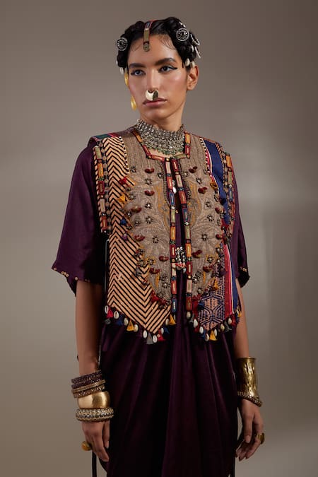 Shop Aseem Kapoor Purple Silk Tassels, Beads V-, Round Zuri Embroidered Gilet And Dress Set Shop_Aseem Kapoor_Purple Silk Tassels, Beads V-, Round Zuri Embroidered Gilet And Dress Set