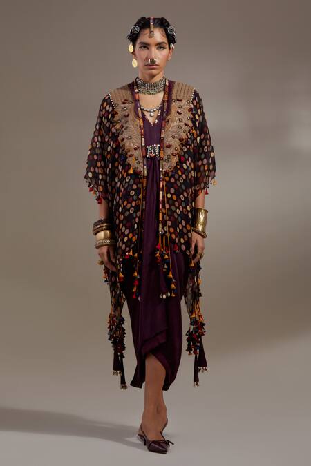 Aseem Kapoor Black Silk Embroidery, Beads, Tassels Veni Tribal Pattern Jacket And Dress Set Online at Aza Fashions Aseem Kapoor_Black Silk Embroidery, Beads, Tassels Veni Tribal Pattern Jacket And Dress Set _Online_at_Aza_Fashions
