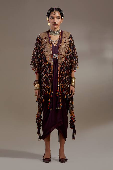 Buy Aseem Kapoor Black Silk Embroidery, Beads, Tassels Veni Tribal Pattern Jacket And Dress Set Online at Aza Fashions Buy_Aseem Kapoor_Black Silk Embroidery, Beads, Tassels Veni Tribal Pattern Jacket And Dress Set _Online_at_Aza_Fashions