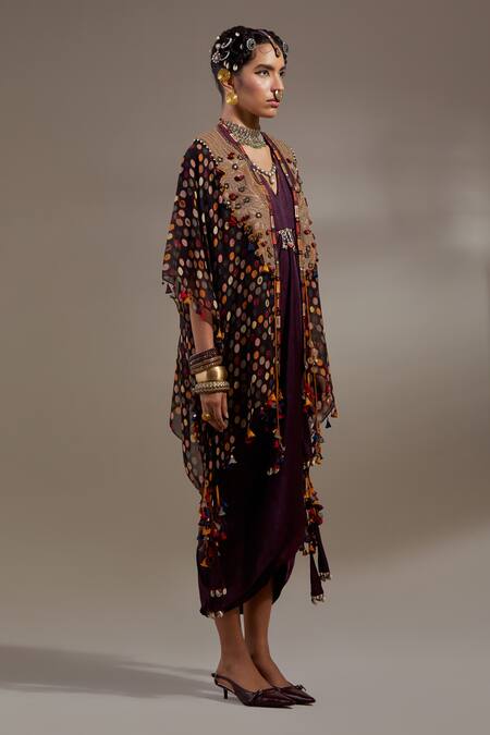 Aseem Kapoor Black Silk Embroidery, Beads, Tassels Veni Tribal Pattern Jacket And Dress Set at Aza Fashions Aseem Kapoor_Black Silk Embroidery, Beads, Tassels Veni Tribal Pattern Jacket And Dress Set _at_Aza_Fashions