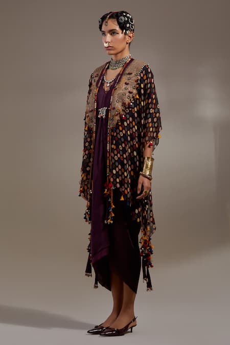 Buy Aseem Kapoor Black Silk Embroidery, Beads, Tassels Veni Tribal Pattern Jacket And Dress Set Buy_Aseem Kapoor_Black Silk Embroidery, Beads, Tassels Veni Tribal Pattern Jacket And Dress Set