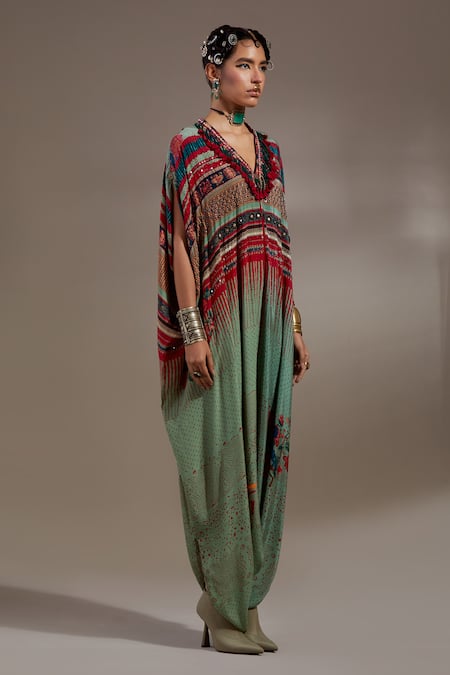 Aseem Kapoor_Green Crepe Embroidery, Mirrors, Beads, Sequins, Vayu Tribal Pattern Jumpsuit _Online_at_Aza_Fashions