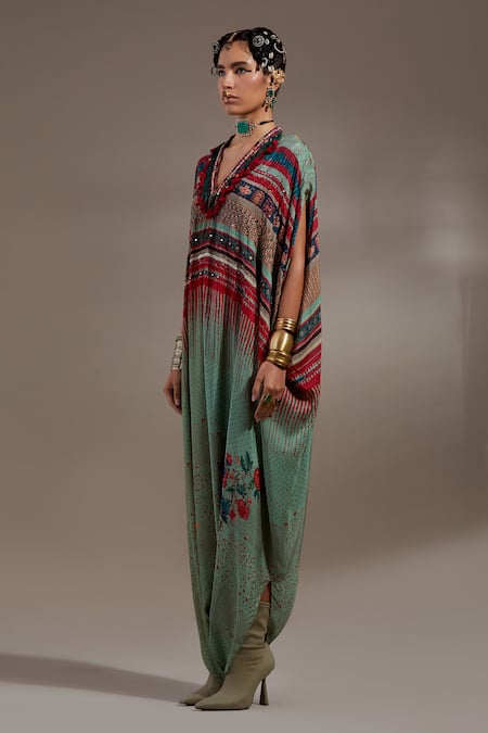 Buy_Aseem Kapoor_Green Crepe Embroidery, Mirrors, Beads, Sequins, Vayu Tribal Pattern Jumpsuit _Online_at_Aza_Fashions