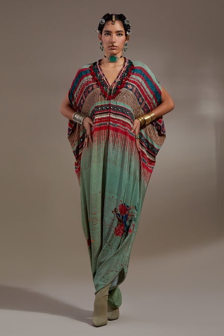 Aseem Kapoor Green Crepe Embroidery, Mirrors, Beads, Sequins, Vayu Tribal Pattern Jumpsuit