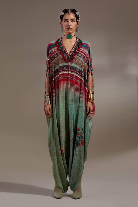 Shop_Aseem Kapoor_Green Crepe Embroidery, Mirrors, Beads, Sequins, Vayu Tribal Pattern Jumpsuit _Online_at_Aza_Fashions
