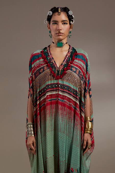Aseem Kapoor_Green Crepe Embroidery, Mirrors, Beads, Sequins, Vayu Tribal Pattern Jumpsuit _at_Aza_Fashions