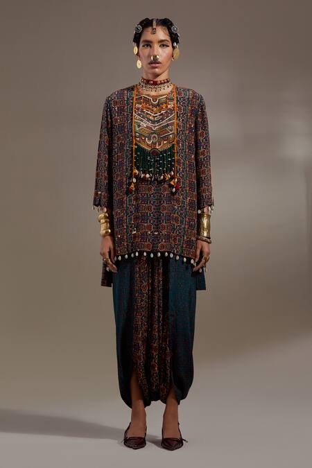 Aseem Kapoor Green Crepe Embroidery, Beads, Tassels Mitra Tribal Pattern Kurta And Trouser Set Online at Aza Fashions Aseem Kapoor_Green Crepe Embroidery, Beads, Tassels Mitra Tribal Pattern Kurta And Trouser Set _Online_at_Aza_Fashions