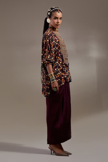 Aseem Kapoor Black Crepe Embroidery, Beads, Tassels Round Neck Kuru Trapeze Kurta With Skirt Online at Aza Fashions Aseem Kapoor_Black Crepe Embroidery, Beads, Tassels Round Neck Kuru Trapeze Kurta With Skirt _Online_at_Aza_Fashions