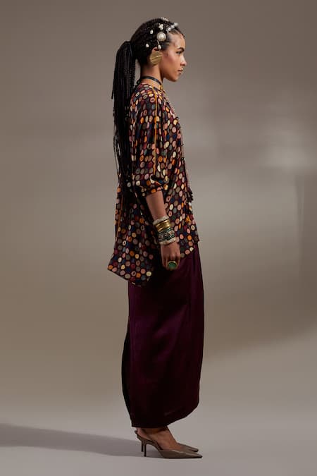 Shop Aseem Kapoor Black Crepe Embroidery, Beads, Tassels Round Neck Kuru Trapeze Kurta With Skirt Online at Aza Fashions Shop_Aseem Kapoor_Black Crepe Embroidery, Beads, Tassels Round Neck Kuru Trapeze Kurta With Skirt _Online_at_Aza_Fashions