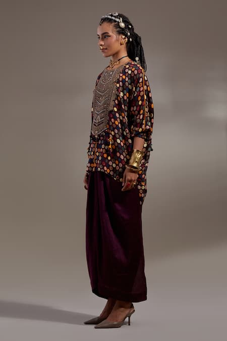 Aseem Kapoor Black Crepe Embroidery, Beads, Tassels Round Neck Kuru Trapeze Kurta With Skirt at Aza Fashions Aseem Kapoor_Black Crepe Embroidery, Beads, Tassels Round Neck Kuru Trapeze Kurta With Skirt _at_Aza_Fashions