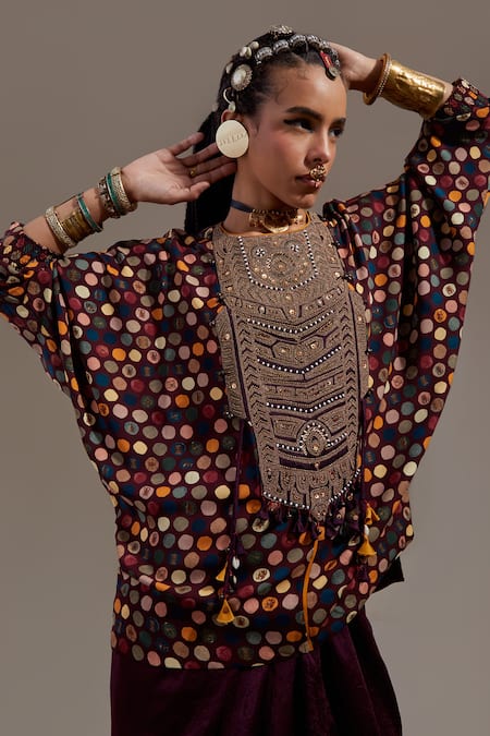 Buy Aseem Kapoor Black Crepe Embroidery, Beads, Tassels Round Neck Kuru Trapeze Kurta With Skirt Buy_Aseem Kapoor_Black Crepe Embroidery, Beads, Tassels Round Neck Kuru Trapeze Kurta With Skirt