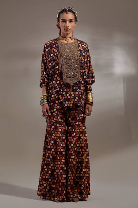 Aseem Kapoor Maroon Crepe Embroidery, Beads, Tassels Round Kuru Trapeze Kurta With Trouser Online at Aza Fashions Aseem Kapoor_Maroon Crepe Embroidery, Beads, Tassels Round Kuru Trapeze Kurta With Trouser _Online_at_Aza_Fashions