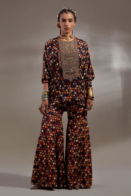 Aseem Kapoor Maroon Crepe Embroidery, Beads, Tassels Round Kuru Trapeze Kurta With Trouser 