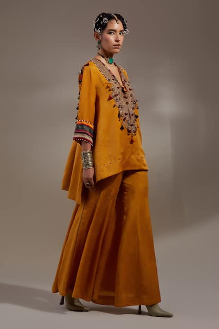 Aseem Kapoor Yellow Silk Tassels, Embroidery, Beads V-neck Mitra Pattern Kurta With Trouser Online at Aza Fashions Aseem Kapoor_Yellow Silk Tassels, Embroidery, Beads V-neck Mitra Pattern Kurta With Trouser _Online_at_Aza_Fashions