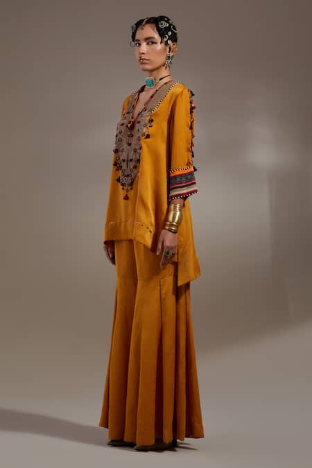 Buy Aseem Kapoor Yellow Silk Tassels, Embroidery, Beads V-neck Mitra Pattern Kurta With Trouser Online at Aza Fashions Buy_Aseem Kapoor_Yellow Silk Tassels, Embroidery, Beads V-neck Mitra Pattern Kurta With Trouser _Online_at_Aza_Fashions