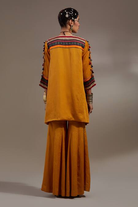 Shop Aseem Kapoor Yellow Silk Tassels, Embroidery, Beads V-neck Mitra Pattern Kurta With Trouser at Aza Fashions Shop_Aseem Kapoor_Yellow Silk Tassels, Embroidery, Beads V-neck Mitra Pattern Kurta With Trouser _at_Aza_Fashions