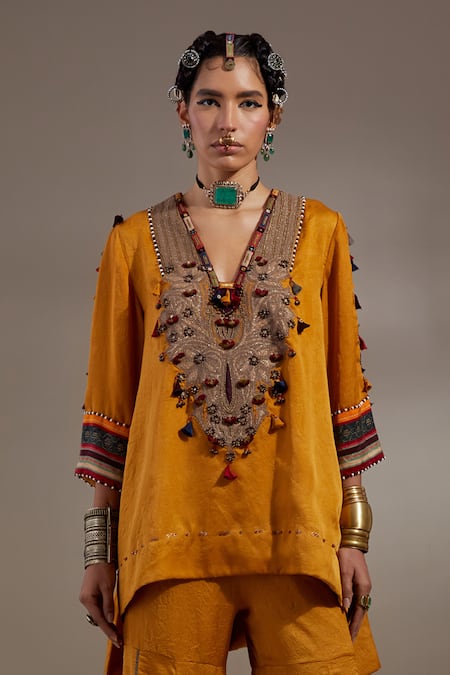 Shop Aseem Kapoor Yellow Silk Tassels, Embroidery, Beads V-neck Mitra Pattern Kurta With Trouser Shop_Aseem Kapoor_Yellow Silk Tassels, Embroidery, Beads V-neck Mitra Pattern Kurta With Trouser