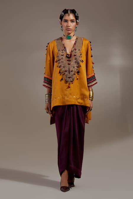 Buy Aseem Kapoor Yellow Silk Tassels, Embroidery, Beads Mitra Tribal Pattern Kurta And Skirt Set Online at Aza Fashions Buy_Aseem Kapoor_Yellow Silk Tassels, Embroidery, Beads Mitra Tribal Pattern Kurta And Skirt Set _Online_at_Aza_Fashions