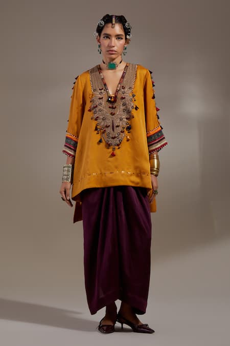 Aseem Kapoor Yellow Silk Tassels, Embroidery, Beads Mitra Tribal Pattern Kurta And Skirt Set 
