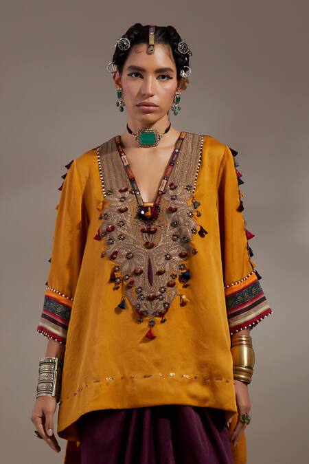 Shop Aseem Kapoor Yellow Silk Tassels, Embroidery, Beads Mitra Tribal Pattern Kurta And Skirt Set Shop_Aseem Kapoor_Yellow Silk Tassels, Embroidery, Beads Mitra Tribal Pattern Kurta And Skirt Set