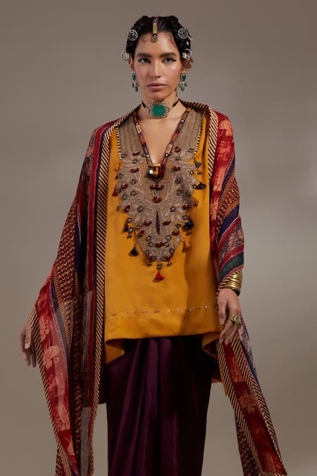 Aseem Kapoor Mustard Silk Embroidery, Tassels V-neck Mitra Pattern Kurta And Skirt Set Online at Aza Fashions Aseem Kapoor_Mustard Silk Embroidery, Tassels V-neck Mitra Pattern Kurta And Skirt Set _Online_at_Aza_Fashions