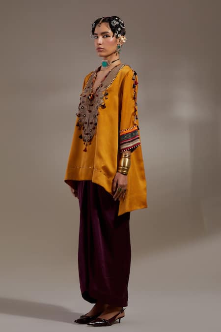 Aseem Kapoor Mustard Silk Embroidery, Tassels V-neck Mitra Pattern Kurta And Skirt Set at Aza Fashions Aseem Kapoor_Mustard Silk Embroidery, Tassels V-neck Mitra Pattern Kurta And Skirt Set _at_Aza_Fashions