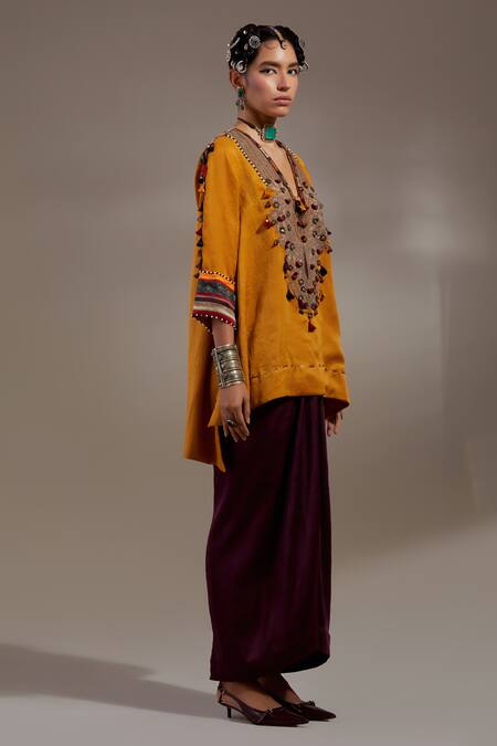 Buy Aseem Kapoor Mustard Silk Embroidery, Tassels V-neck Mitra Pattern Kurta And Skirt Set Buy_Aseem Kapoor_Mustard Silk Embroidery, Tassels V-neck Mitra Pattern Kurta And Skirt Set
