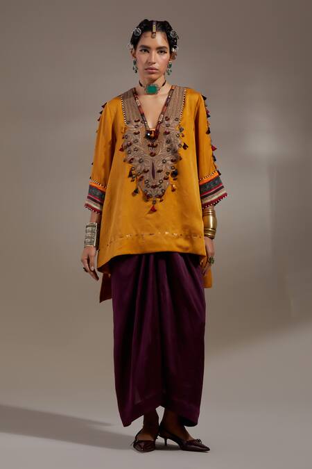 Shop Aseem Kapoor Mustard Silk Embroidery, Tassels V-neck Mitra Pattern Kurta And Skirt Set Shop_Aseem Kapoor_Mustard Silk Embroidery, Tassels V-neck Mitra Pattern Kurta And Skirt Set