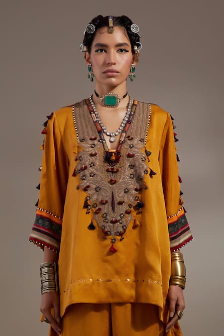 Buy Aseem Kapoor Mustard Tassels, Embroidery, Beads V-neck Mitra Pattern Kurta Set Online at Aza Fashions Buy_Aseem Kapoor_Mustard Tassels, Embroidery, Beads V-neck Mitra Pattern Kurta Set _Online_at_Aza_Fashions
