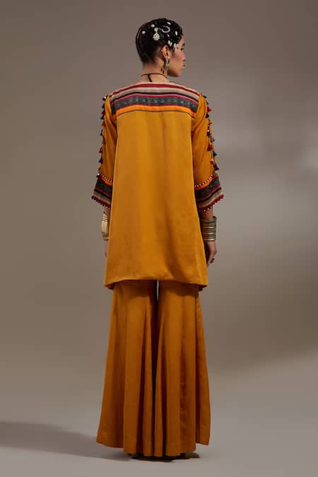 Shop Aseem Kapoor Mustard Tassels, Embroidery, Beads V-neck Mitra Pattern Kurta Set Online at Aza Fashions Shop_Aseem Kapoor_Mustard Tassels, Embroidery, Beads V-neck Mitra Pattern Kurta Set _Online_at_Aza_Fashions