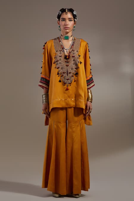 Buy Aseem Kapoor Mustard Tassels, Embroidery, Beads V-neck Mitra Pattern Kurta Set Buy_Aseem Kapoor_Mustard Tassels, Embroidery, Beads V-neck Mitra Pattern Kurta Set
