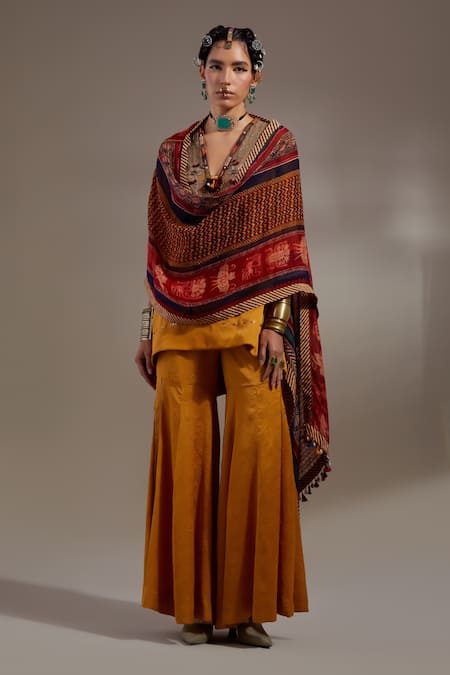 Aseem Kapoor Mustard Tassels, Embroidery, Beads V-neck Mitra Pattern Kurta Set 