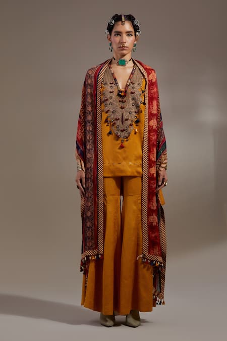 Shop Aseem Kapoor Mustard Tassels, Embroidery, Beads V-neck Mitra Pattern Kurta Set Shop_Aseem Kapoor_Mustard Tassels, Embroidery, Beads V-neck Mitra Pattern Kurta Set