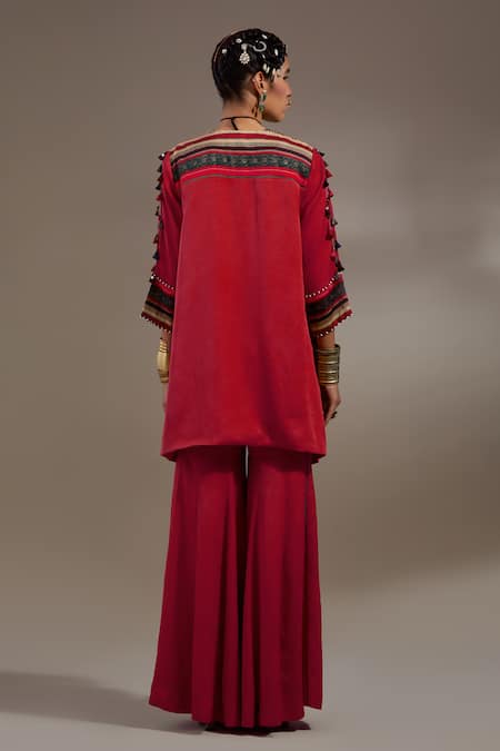 Shop Aseem Kapoor Red Silk Embroidery, Tassels, Mirrors Mitra Pattern Kurta And Pleated Trouser Set at Aza Fashions Shop_Aseem Kapoor_Red Silk Embroidery, Tassels, Mirrors Mitra Pattern Kurta And Pleated Trouser Set _at_Aza_Fashions