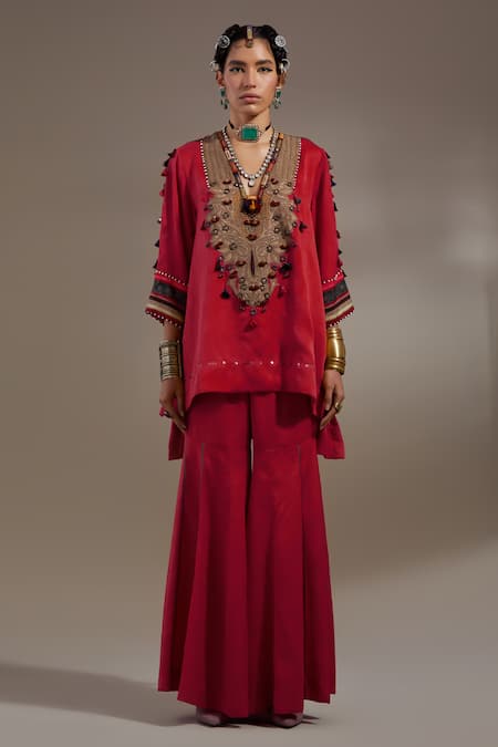 Shop Aseem Kapoor Red Silk Embroidery, Tassels, Mirrors Mitra Pattern Kurta And Pleated Trouser Set Online at Aza Fashions Shop_Aseem Kapoor_Red Silk Embroidery, Tassels, Mirrors Mitra Pattern Kurta And Pleated Trouser Set _Online_at_Aza_Fashions