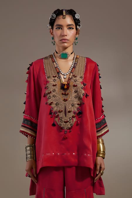 Aseem Kapoor Red Silk Embroidery, Tassels, Mirrors Mitra Pattern Kurta And Pleated Trouser Set at Aza Fashions Aseem Kapoor_Red Silk Embroidery, Tassels, Mirrors Mitra Pattern Kurta And Pleated Trouser Set _at_Aza_Fashions