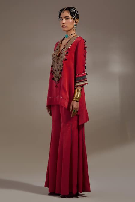 Aseem Kapoor Red Silk Embroidery, Mirrors, Tassels Mitra Pattern Kurta And Pleated Trouser Set Online at Aza Fashions Aseem Kapoor_Red Silk Embroidery, Mirrors, Tassels Mitra Pattern Kurta And Pleated Trouser Set _Online_at_Aza_Fashions
