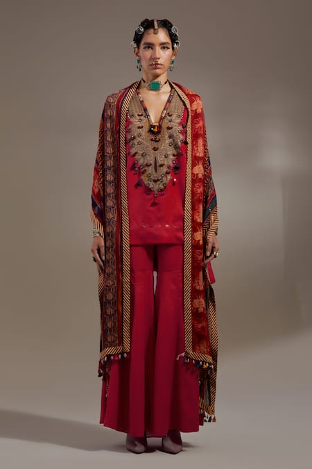 Aseem Kapoor Red Silk Embroidery, Mirrors, Tassels Mitra Pattern Kurta And Pleated Trouser Set 