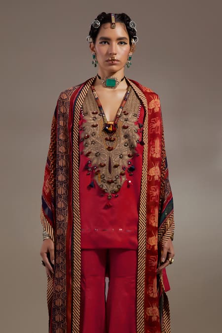 Aseem Kapoor Red Silk Embroidery, Mirrors, Tassels Mitra Pattern Kurta And Pleated Trouser Set at Aza Fashions Aseem Kapoor_Red Silk Embroidery, Mirrors, Tassels Mitra Pattern Kurta And Pleated Trouser Set _at_Aza_Fashions