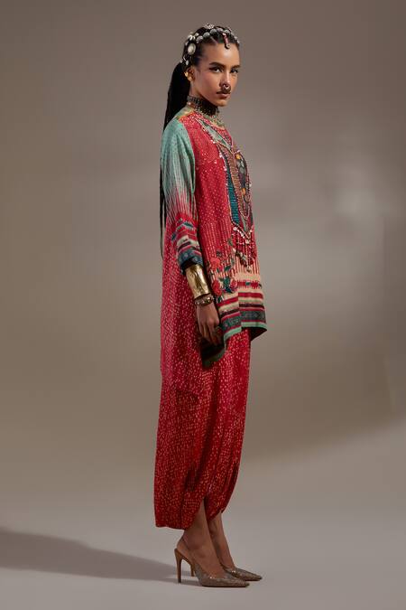 Aseem Kapoor Red Crepe Embroidery, Beads, Tassels Mitra Tribal Pattern Kurta And Trouser Set Online at Aza Fashions Aseem Kapoor_Red Crepe Embroidery, Beads, Tassels Mitra Tribal Pattern Kurta And Trouser Set _Online_at_Aza_Fashions