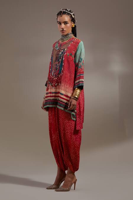 Buy Aseem Kapoor Red Crepe Embroidery, Beads, Tassels Mitra Tribal Pattern Kurta And Trouser Set Online at Aza Fashions Buy_Aseem Kapoor_Red Crepe Embroidery, Beads, Tassels Mitra Tribal Pattern Kurta And Trouser Set _Online_at_Aza_Fashions