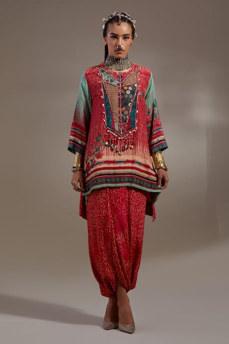 Aseem Kapoor Red Crepe Embroidery, Beads, Tassels Mitra Tribal Pattern Kurta And Trouser Set