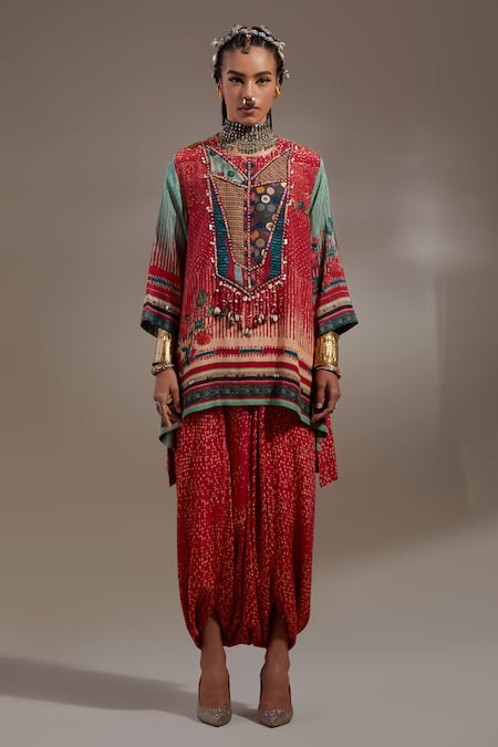 Aseem Kapoor Red Crepe Embroidery, Beads, Tassels Mitra Tribal Pattern Kurta And Trouser Set at Aza Fashions Aseem Kapoor_Red Crepe Embroidery, Beads, Tassels Mitra Tribal Pattern Kurta And Trouser Set _at_Aza_Fashions
