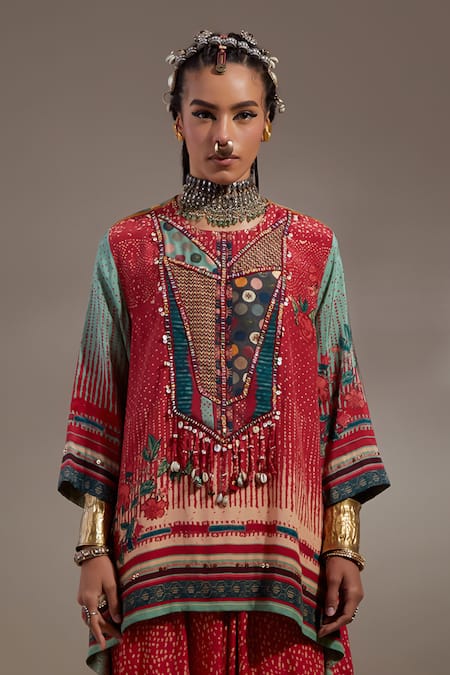 Buy Aseem Kapoor Red Crepe Embroidery, Beads, Tassels Mitra Tribal Pattern Kurta And Trouser Set Buy_Aseem Kapoor_Red Crepe Embroidery, Beads, Tassels Mitra Tribal Pattern Kurta And Trouser Set