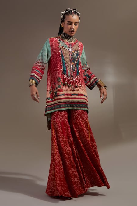 Aseem Kapoor Red Crepe Embroidery, Beads, Tassels Mitra Tribal Pattern Kurta And Trouser Set Online at Aza Fashions Aseem Kapoor_Red Crepe Embroidery, Beads, Tassels Mitra Tribal Pattern Kurta And Trouser Set _Online_at_Aza_Fashions