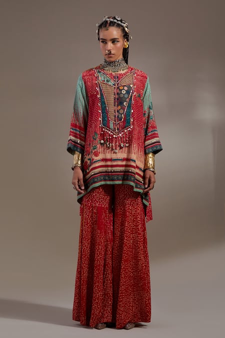 Aseem Kapoor Red Crepe Embroidery, Beads, Tassels Mitra Tribal Pattern Kurta And Trouser Set 