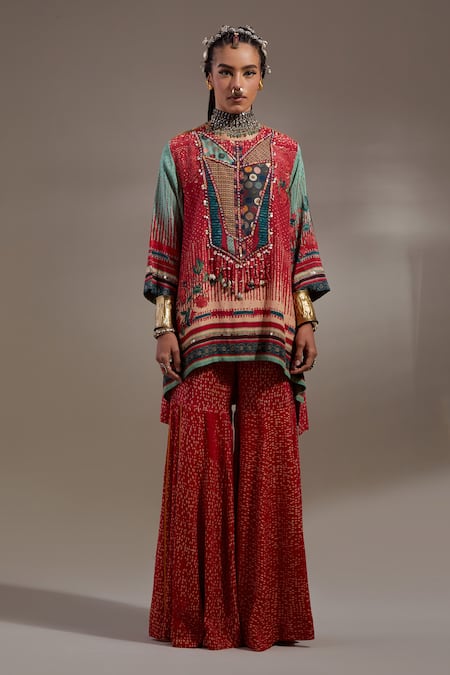 Shop Aseem Kapoor Red Crepe Embroidery, Beads, Tassels Mitra Tribal Pattern Kurta And Trouser Set Online at Aza Fashions Shop_Aseem Kapoor_Red Crepe Embroidery, Beads, Tassels Mitra Tribal Pattern Kurta And Trouser Set _Online_at_Aza_Fashions