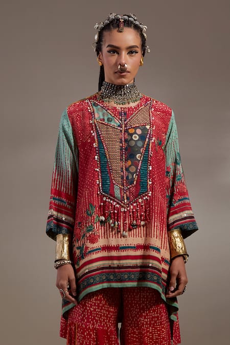 Aseem Kapoor Red Crepe Embroidery, Beads, Tassels Mitra Tribal Pattern Kurta And Trouser Set at Aza Fashions Aseem Kapoor_Red Crepe Embroidery, Beads, Tassels Mitra Tribal Pattern Kurta And Trouser Set _at_Aza_Fashions