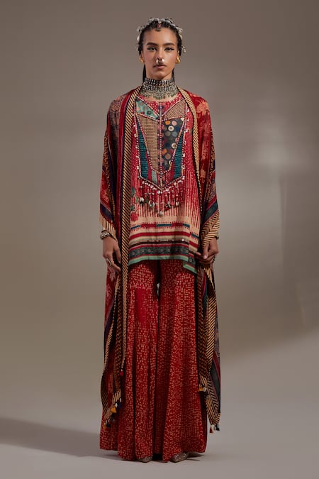 Aseem Kapoor Red Crepe Embroidery, Beads, Tassels Mitra Tribal Pattern Kurta And Trouser Set 