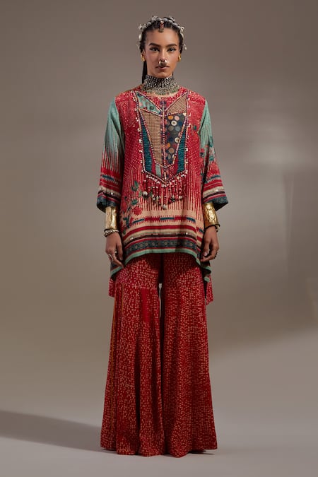 Shop Aseem Kapoor Red Crepe Embroidery, Beads, Tassels Mitra Tribal Pattern Kurta And Trouser Set Online at Aza Fashions Shop_Aseem Kapoor_Red Crepe Embroidery, Beads, Tassels Mitra Tribal Pattern Kurta And Trouser Set _Online_at_Aza_Fashions